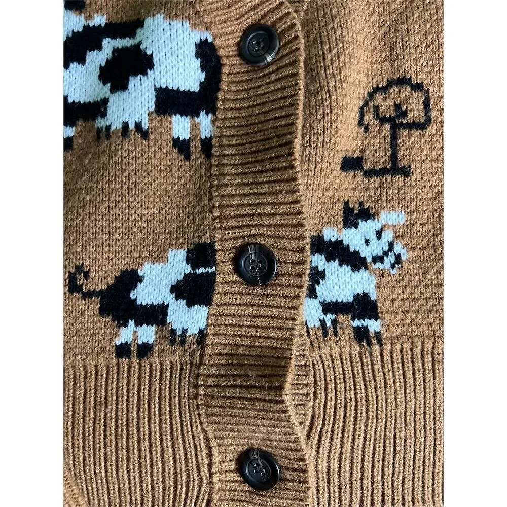 ROMWE Women's Kawaii Cow Print Button Front Cardigan Brown Size M - Picture 7 of 8